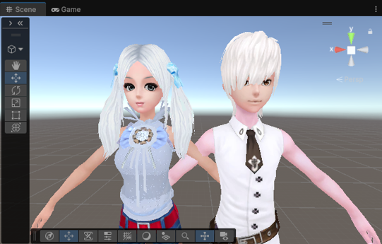 The first two character models imported into Touch Me inside the Unity editor