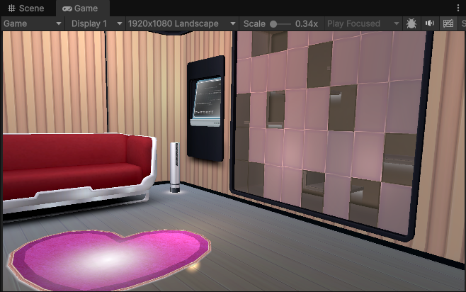 An early Touch Me lobby render with a red couch, heart rug, and dance display